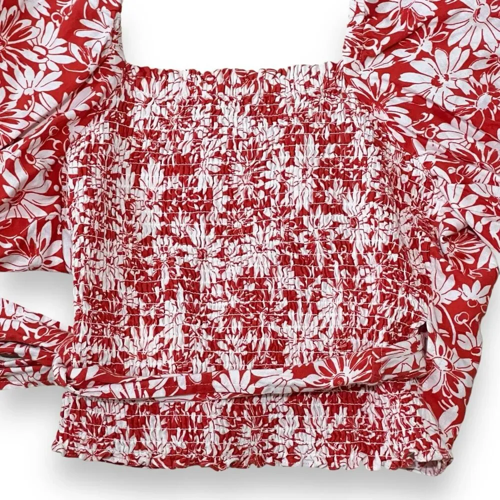 Madewell Anita Abstract Floral Linen Wrap Puff Sleeve Top XS Roasted Squash Red